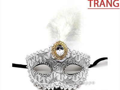 Mặt nạ nửa mặt lông vũ đính giữa ren sóng viên ngọc [Nửa mặt trên - nhiều màu] MATNA-122